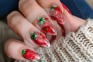 Woman\'s fingernails with red strawberry summer nail art design