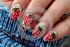 Woman\'s fingernails with red and white strawberry summer nail art design