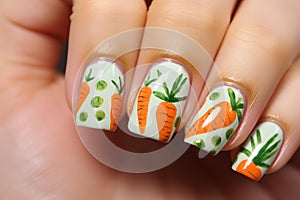 Woman\'s fingernails with seasonal Easter nail art design with carrots