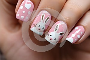 Woman\'s fingernails with seasonal Easter nail art design with cute bunnies