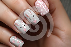 Woman\'s fingernails with seasonal Easter nail art design with cute bunnies, dots and hearts