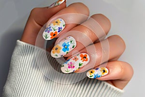 Woman\'s fingernails with small colorful flower nail art design