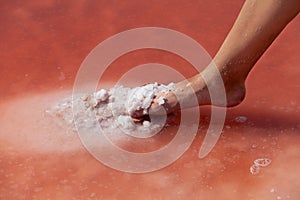 A woman`s foot plunges into the water column of a salty pink lake. Medical procedure. Unique color of lake is given by halophilic