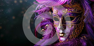 Closeup of an elegant Venetian mask with purple and golden ornaments surrounded by feathers