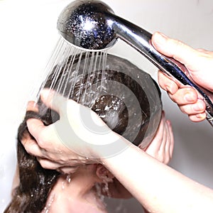 Woman`s hair is washed in the shower with shampoo with water, close-up white background, toned