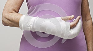 Woman's hand in bandage and cast