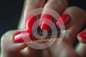 A woman& x27;s hand with a beautiful manicure holds a circuit board.