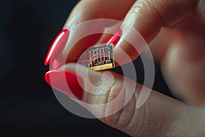 A woman& x27;s hand with a beautiful manicure holds a circuit board.