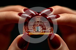 A woman& x27;s hand with a beautiful manicure holds a circuit board.