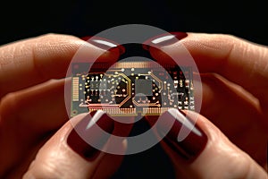 A woman& x27;s hand with a beautiful manicure holds a circuit board.