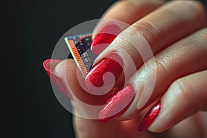 A woman's hand with a beautiful manicure holds a circuit board.
