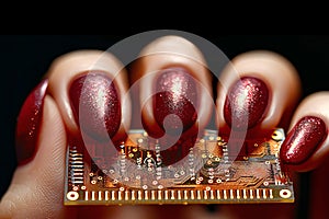 A woman's hand with a beautiful manicure holds a circuit board.