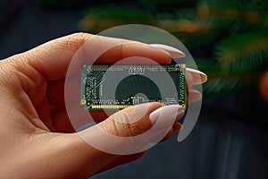 A woman& x27;s hand with a beautiful manicure holds a circuit board.