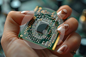 A woman& x27;s hand with a beautiful manicure holds a circuit board.