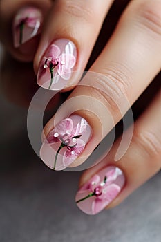 Woman\'s hand with beautiful nail design. Manicure with beige lacquer and flowers