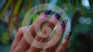 A woman& x27;s hand with black and purple nails