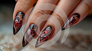 A woman& x27;s hand with black and red nail art