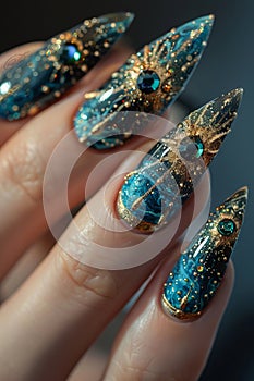 A woman& x27;s hand with blue and gold nail art Generative AI