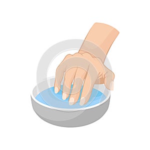 Woman s hand in bowl with water. Illustration about professional care for nails. Flat vector for advertising poster of