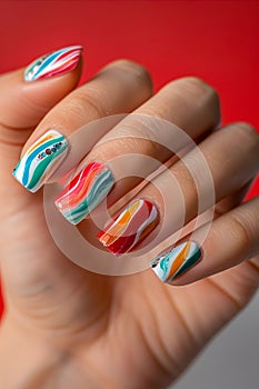 A woman& x27;s hand with colorful nail art