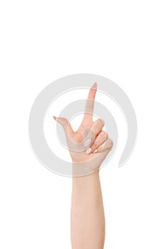 Woman`s hand is counting number 1 or One isolated on white background.