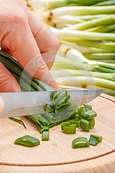 Woman's hand cutting green onion