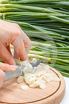 Woman's hand cutting scallion