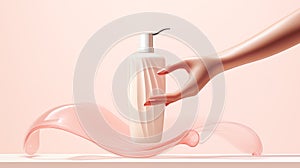 a woman's hand delicately holding a cosmetics foam pump container and a facewash dispenser, AI Generated