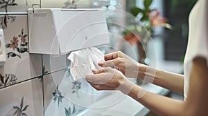 A Woman\'s Hand Elegantly Selects a Paper Towel from the Dispenser, Ensuring Cleanliness in the Bathroom