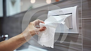 A Woman\'s Hand Gracefully Retrieves a Paper Towel from the Dispenser in a Clean Bathroom Setting