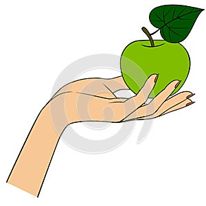 Woman`s hand with a green apple isolated on white background.