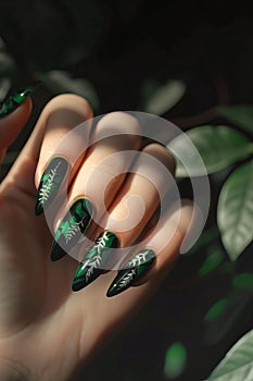 A woman& x27;s hand with green and black nail art