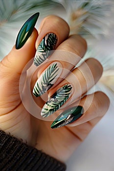 A woman& x27;s hand with green and white nail art