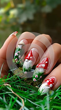 A woman& x27;s hand with green and white nail art