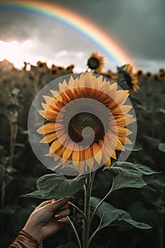 Woman\'s hand hodling sunflower in field with vibrant rainbow in background