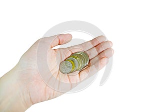 Woman's hand holding coins (with clipping path)