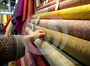 woman's hand holding color samples of fabric in interior design store