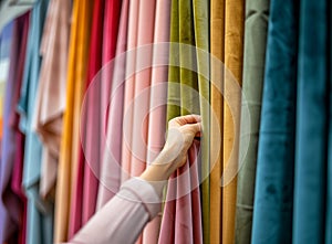 woman& x27;s hand holding color samples of fabric in interior design store