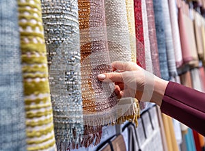 woman& x27;s hand holding color samples of fabric in interior design store
