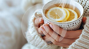 Woman's hand holding cup of tea with lemon on a cold day