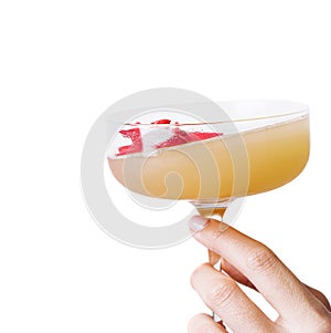 woman's hand holding daiquiri cocktail with strawberry