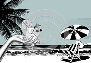 Woman's hand holding a fruit cocktail and beach chair and umbrella against the sea