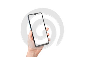 Woman`s Hand Holding mobile cell phone With Blank Screen, mockup phone