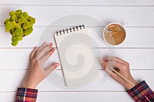 Woman`s hand holding pencil and going to write in blank notepad