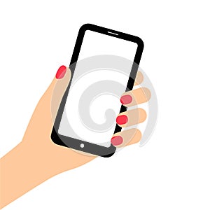 Woman`s hand holding smartphone. Empty phone screen. template. Right hand isolated on white. Flat vector illustration.