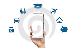 A woman's hand is holding a smartphone. Mock up, copy space. White background with icons of car, family, airplane