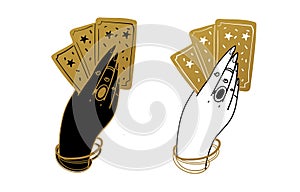 A woman s hand holds a deck of Tarot cards. Set of icons in black and gold colors. The concept of fortune telling