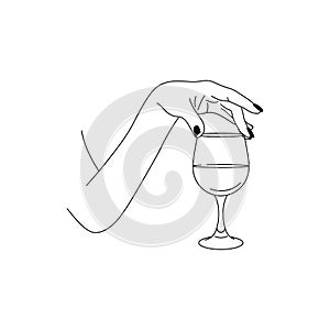 Woman`s Hand Holds a glass of Wine in a minimalistic style . Vector Fashion Illustration of the female body