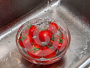 A woman`s hand holds tomatoes under running tap water, the importance of handling and thoroughly washing vegetables and fruits du