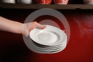 A woman's hand is loading dishes, emptying or unloading a dishwasher with dishes